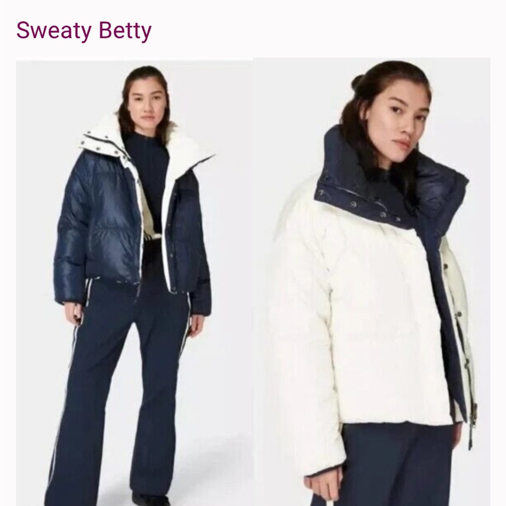 Sweaty Betty Puffer Winter Down Reversible Ski Snow Jacket Navy Cream.